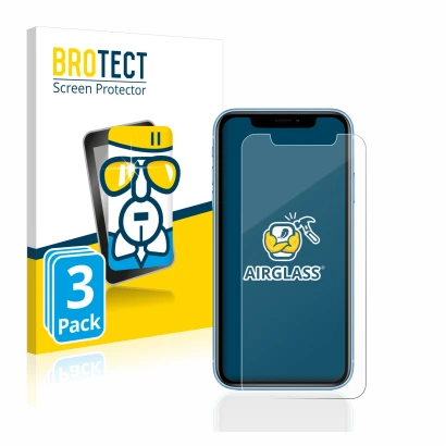 Parte frontal de un envase de producto con el logotipo de la marca BROTECT. Al lado se muestra el dispositivo Apple iPhone XR 