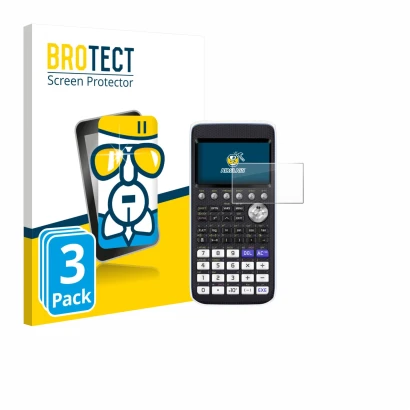 Parte frontal de un envase de producto con el logotipo de la marca BROTECT. Al lado se muestra el dispositivo Casio FX-CG50 co