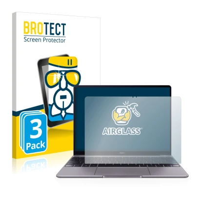 Parte frontal de un envase de producto con el logotipo de la marca BROTECT. Al lado se muestra el dispositivo Huawei MateBook 