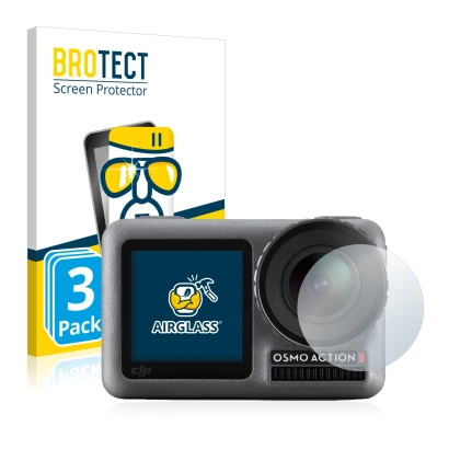 Parte frontal de un envase de producto con el logotipo de la marca BROTECT. Al lado se muestra el dispositivo DJI Osmo Action 