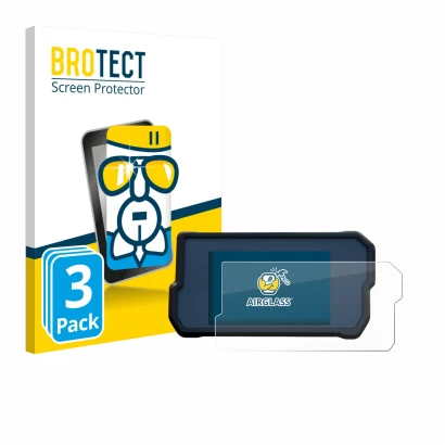 Parte frontal de un envase de producto con el logotipo de la marca BROTECT. Al lado se muestra el dispositivo KTM 790 Adventur