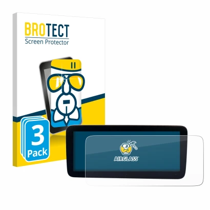 Parte frontal de un envase de producto con el logotipo de la marca BROTECT. Al lado se muestra el dispositivo Mercedes-Benz Ac