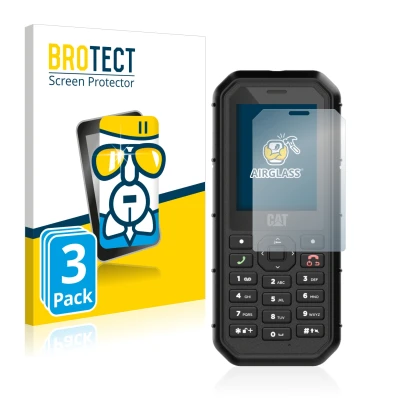 Parte frontal de un envase de producto con el logotipo de la marca BROTECT. Al lado se muestra el dispositivo Caterpillar Cat