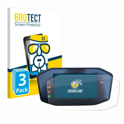 Parte frontal de un envase de producto con el logotipo de la marca BROTECT. Al lado se muestra el dispositivo KTM 890 Duke R 2