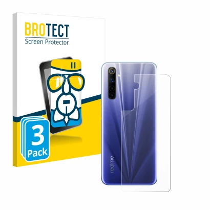 Parte frontal de un envase de producto con el logotipo de la marca BROTECT. Al lado se muestra el dispositivo realme 6 (Traser