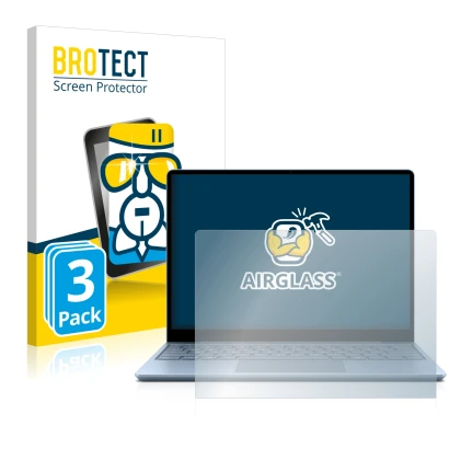 Parte frontal de un envase de producto con el logotipo de la marca BROTECT. Al lado se muestra el dispositivo Microsoft Surfac