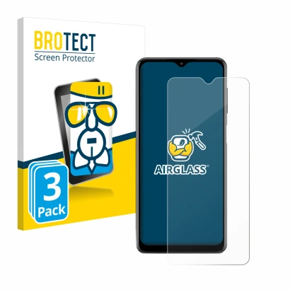 Parte frontal de un envase de producto con el logotipo de la marca BROTECT. Al lado se muestra el dispositivo Samsung Galaxy M