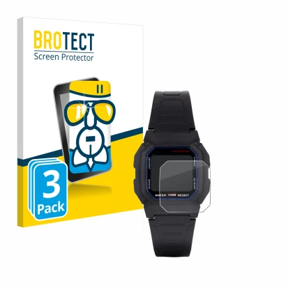 Parte frontal de un envase de producto con el logotipo de la marca BROTECT. Al lado se muestra el dispositivo Casio W-800H-1AV