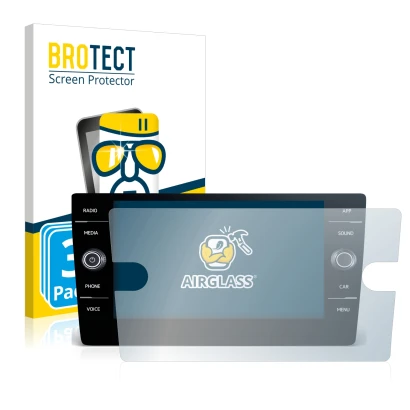 Parte frontal de un envase de producto con el logotipo de la marca BROTECT. Al lado se muestra el dispositivo Volkswagen T-Roc