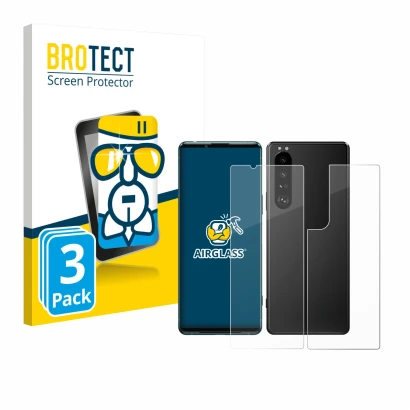 Parte frontal de un envase de producto con el logotipo de la marca BROTECT. Al lado se muestra el dispositivo Sony Xperia 5 II