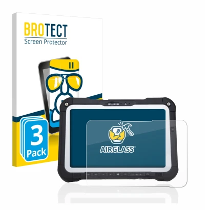 Parte frontal de un envase de producto con el logotipo de la marca BROTECT. Al lado se muestra el dispositivo Panasonic Toughb