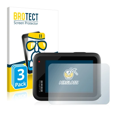 Parte frontal de un envase de producto con el logotipo de la marca BROTECT. Al lado se muestra el dispositivo GoPro Hero 10 Bl