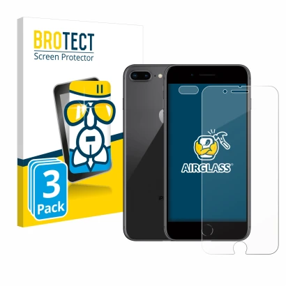 Parte frontal de un envase de producto con el logotipo de la marca BROTECT. Al lado se muestra el dispositivo Apple iPhone 8 P