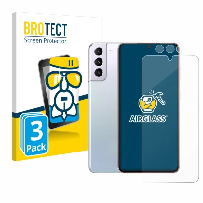 Parte frontal de un envase de producto con el logotipo de la marca BROTECT. Al lado se muestra el dispositivo Samsung Galaxy S