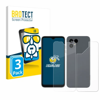 Parte frontal de un envase de producto con el logotipo de la marca BROTECT. Al lado se muestra el dispositivo Fairphone 4 (Fro