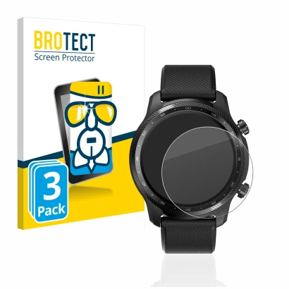 Parte frontal de un envase de producto con el logotipo de la marca BROTECT. Al lado se muestra el dispositivo Mobvoi Ticwatch 