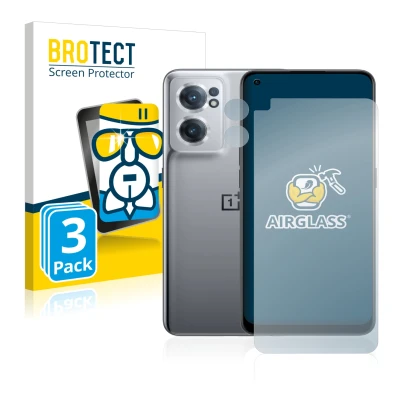 Parte frontal de un envase de producto con el logotipo de la marca BROTECT. Al lado se muestra el dispositivo OnePlus Nord CE 