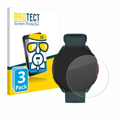 Parte frontal de un envase de producto con el logotipo de la marca BROTECT. Al lado se muestra el dispositivo Polar Pacer con 