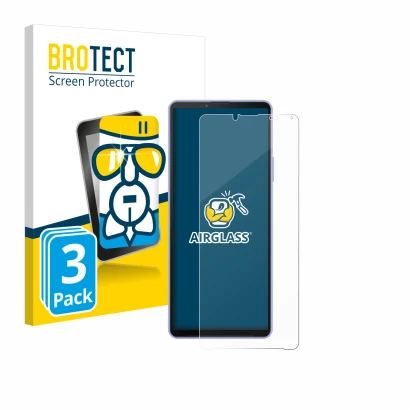 Parte frontal de un envase de producto con el logotipo de la marca BROTECT. Al lado se muestra el dispositivo Sony Xperia 10 I