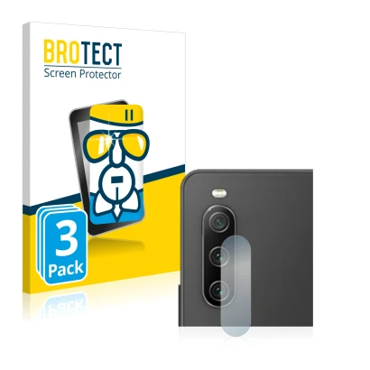 Parte frontal de un envase de producto con el logotipo de la marca BROTECT. Al lado se muestra el dispositivo Sony Xperia 10 I