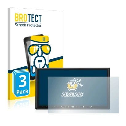 Parte frontal de un envase de producto con el logotipo de la marca BROTECT. Al lado se muestra el dispositivo Alpine iLX-W690D