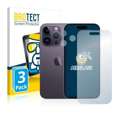 Parte frontal de un envase de producto con el logotipo de la marca BROTECT. Al lado se muestra el dispositivo Apple iPhone 14 