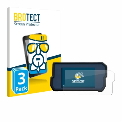 Parte frontal de un envase de producto con el logotipo de la marca BROTECT. Al lado se muestra el dispositivo KTM 390 Duke 201