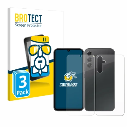 Parte frontal de un envase de producto con el logotipo de la marca BROTECT. Al lado se muestra el dispositivo Samsung Galaxy A