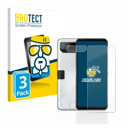 Parte frontal de un envase de producto con el logotipo de la marca BROTECT. Al lado se muestra el dispositivo ASUS ROG Phone 7