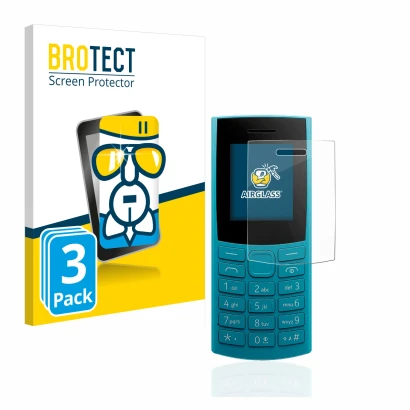 Parte frontal de un envase de producto con el logotipo de la marca BROTECT. Al lado se muestra el dispositivo Nokia 105 4G (20