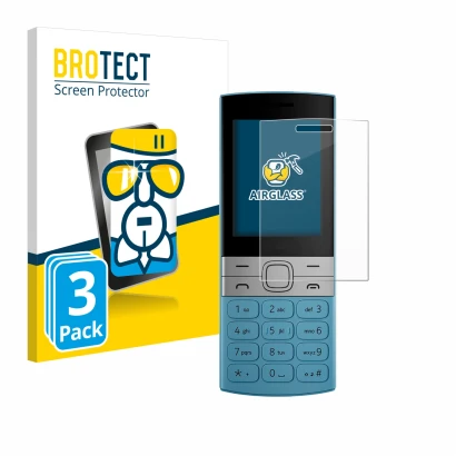 Parte frontal de un envase de producto con el logotipo de la marca BROTECT. Al lado se muestra el dispositivo Nokia 150 (2023)
