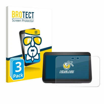 Parte frontal de un envase de producto con el logotipo de la marca BROTECT. Al lado se muestra el dispositivo Amazon Echo Show