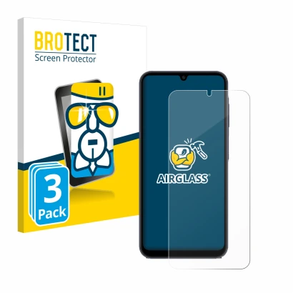 Parte frontal de un envase de producto con el logotipo de la marca BROTECT. Al lado se muestra el dispositivo Samsung Galaxy A