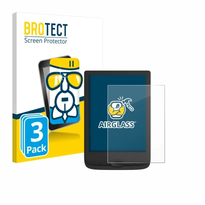 Parte frontal de un envase de producto con el logotipo de la marca BROTECT. Al lado se muestra el dispositivo PocketBook Basic