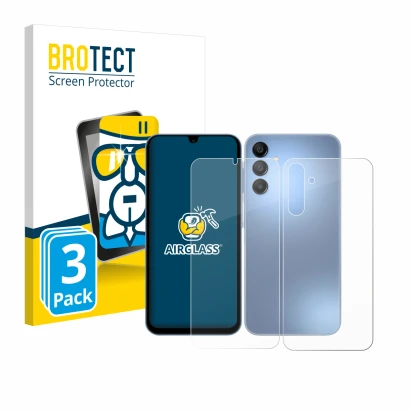 Parte frontal de un envase de producto con el logotipo de la marca BROTECT. Al lado se muestra el dispositivo Samsung Galaxy A