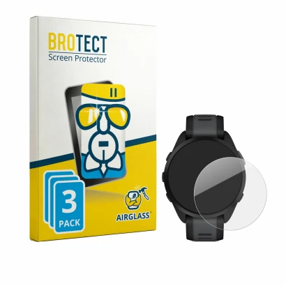 Parte frontal de un envase de producto con el logotipo de la marca BROTECT. Al lado se muestra el dispositivo Garmin Forerunne