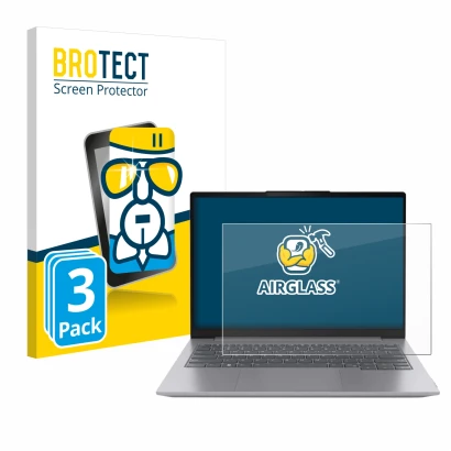 Parte frontal de un envase de producto con el logotipo de la marca BROTECT. Al lado se muestra el dispositivo Lenovo ThinkBook