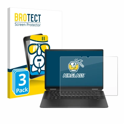 Parte frontal de un envase de producto con el logotipo de la marca BROTECT. Al lado se muestra el dispositivo HP Spectre x360 