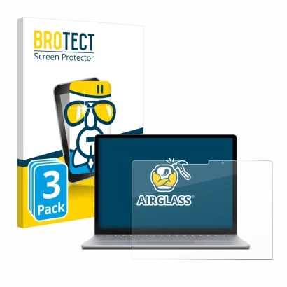 Parte frontal de un envase de producto con el logotipo de la marca BROTECT. Al lado se muestra el dispositivo Microsoft Surfac