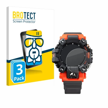 Parte frontal de un envase de producto con el logotipo de la marca BROTECT. Al lado se muestra el dispositivo Casio G-Shock GW