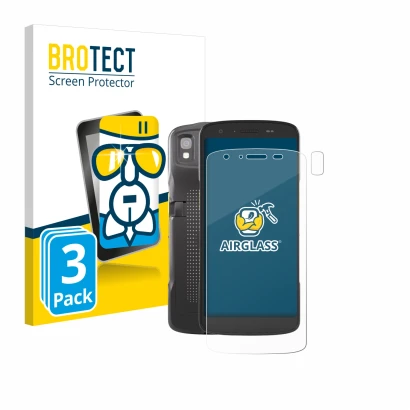 Parte frontal de un envase de producto con el logotipo de la marca BROTECT. Al lado se muestra el dispositivo Zebra TC22 (Fron