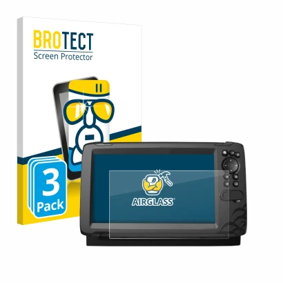 Parte frontal de un envase de producto con el logotipo de la marca BROTECT. Al lado se muestra el dispositivo Lowrance HOOK Re