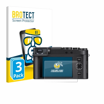 Parte frontal de un envase de producto con el logotipo de la marca BROTECT. Al lado se muestra el dispositivo Leica D-Lux 8 co