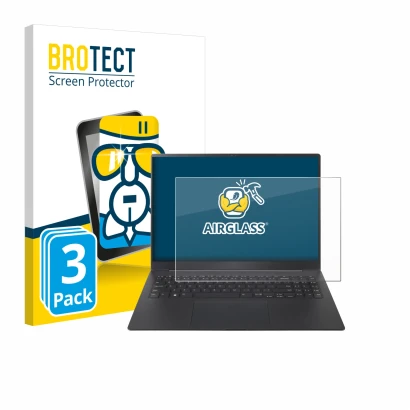 Parte frontal de un envase de producto con el logotipo de la marca BROTECT. Al lado se muestra el dispositivo LG gram Pro 16 2