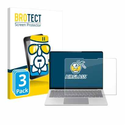 Parte frontal de un envase de producto con el logotipo de la marca BROTECT. Al lado se muestra el dispositivo Microsoft Surfac