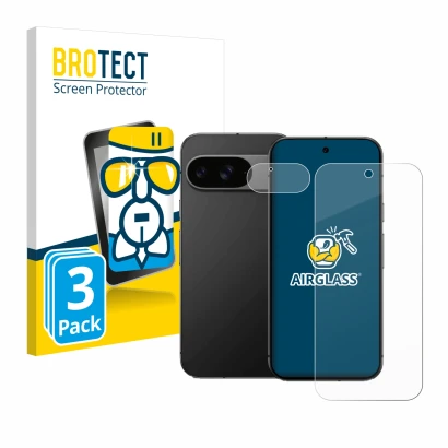 Parte frontal de un envase de producto con el logotipo de la marca BROTECT. Al lado se muestra el dispositivo Google Pixel 9 (