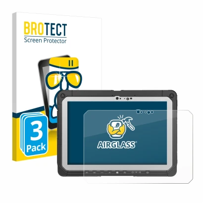 Parte frontal de un envase de producto con el logotipo de la marca BROTECT. Al lado se muestra el dispositivo Panasonic Toughb