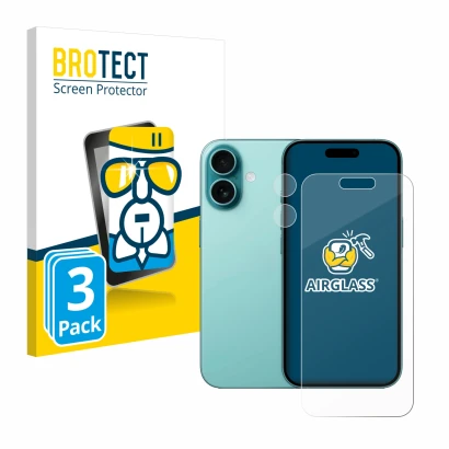 Parte frontal de un envase de producto con el logotipo de la marca BROTECT. Al lado se muestra el dispositivo Apple iPhone 16 