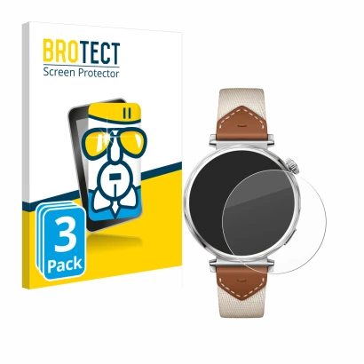 Parte frontal de un envase de producto con el logotipo de la marca BROTECT. Al lado se muestra el dispositivo Huawei Watch GT