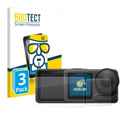 Parte frontal de un envase de producto con el logotipo de la marca BROTECT. Al lado se muestra el dispositivo DJI Osmo Action 